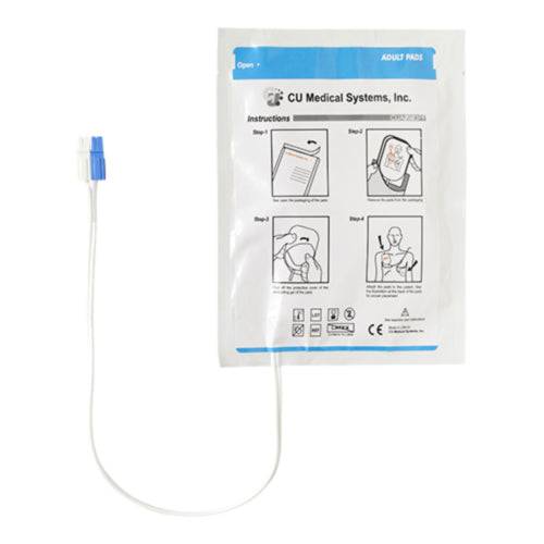 CU Medical i-PAD NF-1200 Elektroden für Erwachsene in versiegelter Verpackung mit Anleitungsschritten für AED-Anwendung. Passend für Defibrillatoren im medizinischen Notfallbereich.