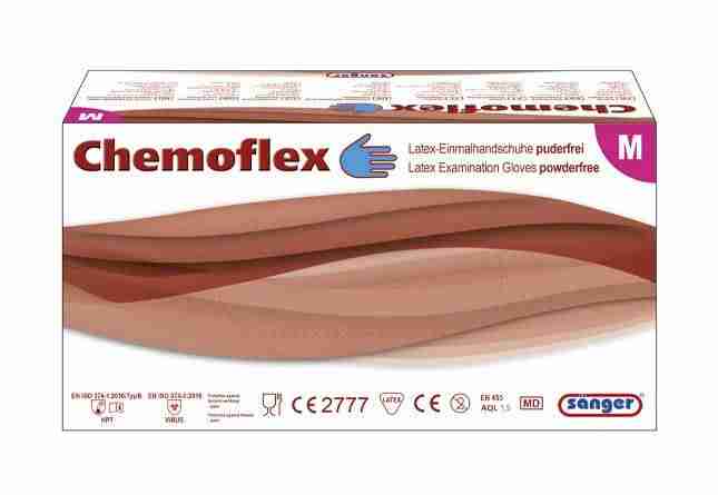 Latex-Einmalhandschuhe ChemoFlex in Größe M, puderfrei, medizinisch geprüft, geeignet für Untersuchungen, Verpackung mit rot-braunem Design und Herstellerlogo Sänger.