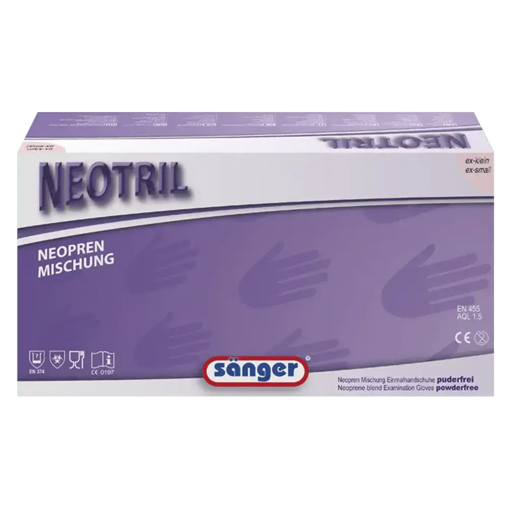 Verpackung der Einmalhandschuhe Neotril Neopren Hybrid Lila by medasi.shop mit CE-Zertifizierung und EN-Normen für medizinische Anwendungen.