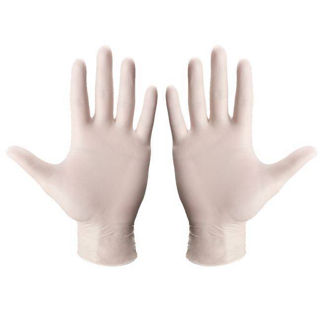 Paar weiße Einmalhandschuhe Nitril Betatex Weiß by Medasi.shop, puderfrei und 240mm lang, geeignet für hygienische Arbeitsumgebungen.