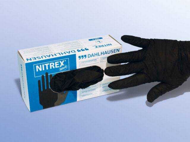 Einweghandschuhe Nitril Schwarz - Nitrex in Spenderbox, latexfrei und ungepudert, ideal für medizinische Anwendungen und Schutz im Gewerbe.