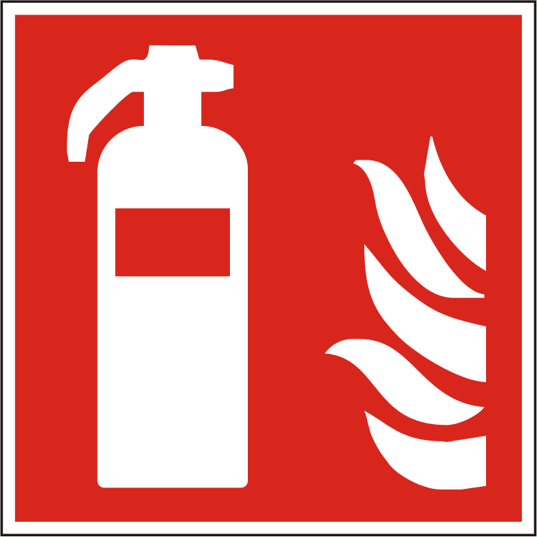 Brandschutzschild Feuerlöscher in Rot mit weißem Feuerlöscher-Symbol und Flammenmotiv. Erhältlich in HQ-Folie 100x100mm bis 300x300mm.