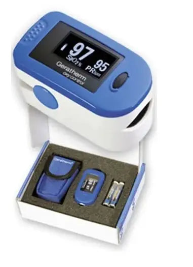 Fingerpulsoximeter oxy control mit OLED-Display zeigt SpO2 und Puls, kompakt und klinisch geprüft für präzise Messungen im Rettungsdienst.