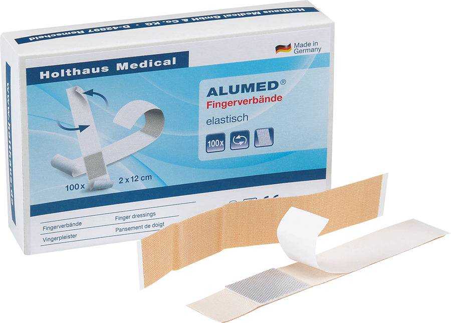 Fingerverband ALUMED® elastisch 100 Stück mit Aluminiumauflage, 2x12 cm, in praktischer Box. Ideal für Brandwunden und hohe Klebkraft.