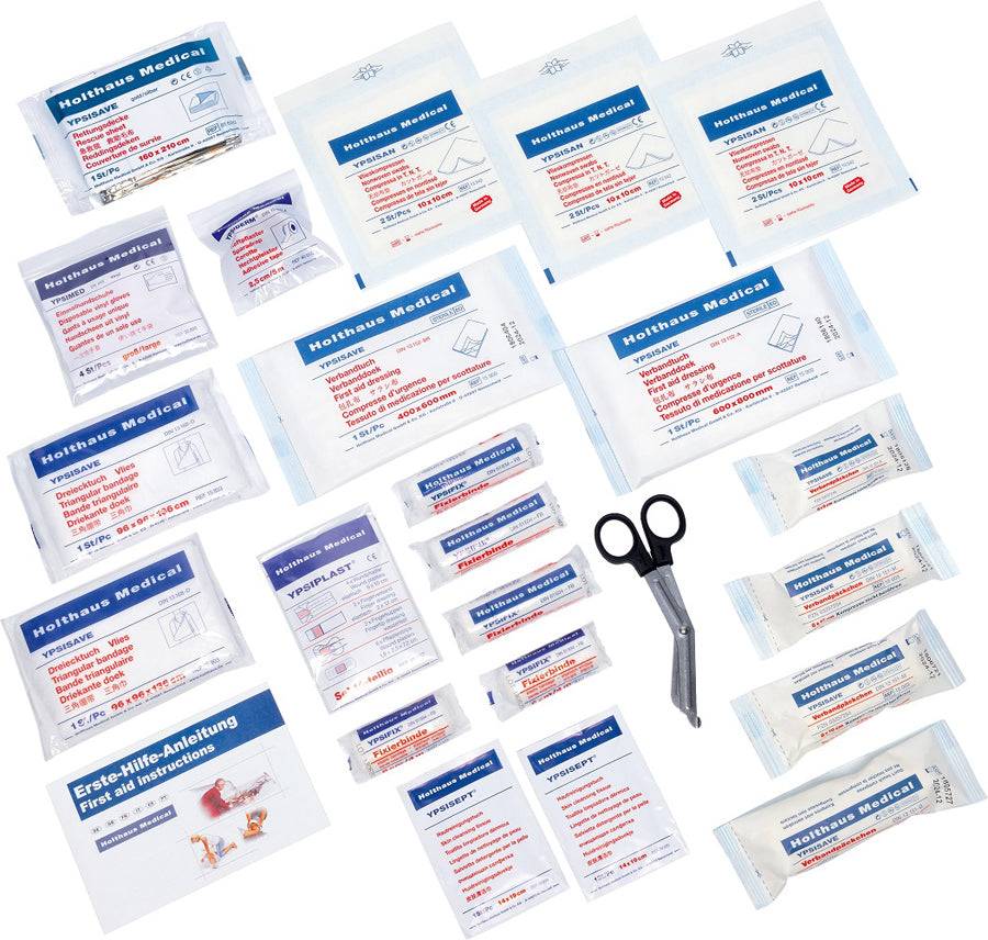 Holthaus Füllset DIN 13169 – Erste Hilfe Erweiterung mit sterilen Verbandstoffen, Pflastern, Schere und Anleitung für Arbeitsplätze.