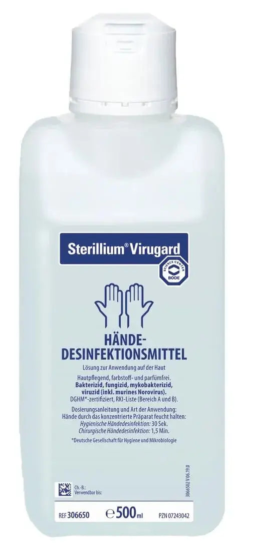 Sterillium® Virugard® Händedesinfektion 500ml Flasche. Ideal für gewerbliche Anwendungen mit breitem antimikrobiellem Wirkungsspektrum.