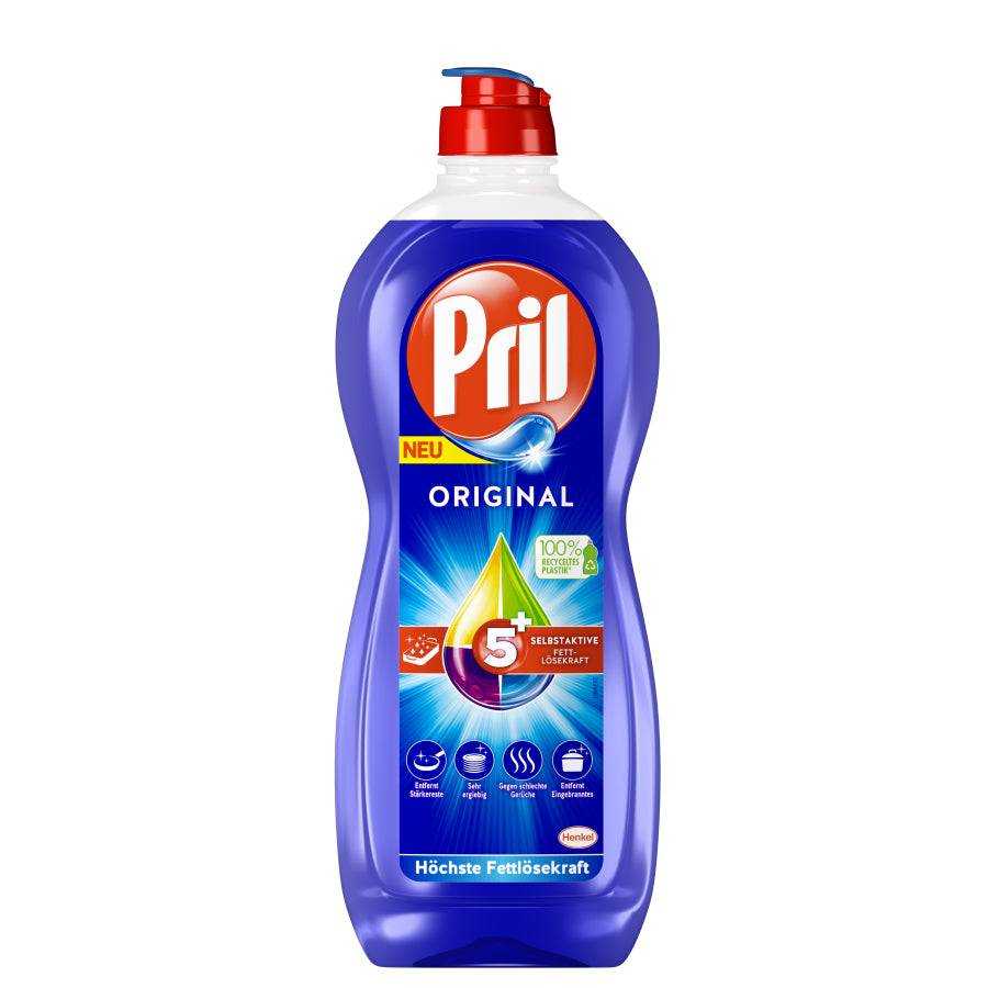 Spülmittel-Flasche Pril Original mit rotem Druckverschluss, blauer Flüssigkeit und Etikett mit 5-fach-Fettlöseformel, 100 % recycelbarer Flasche und neuem Design.