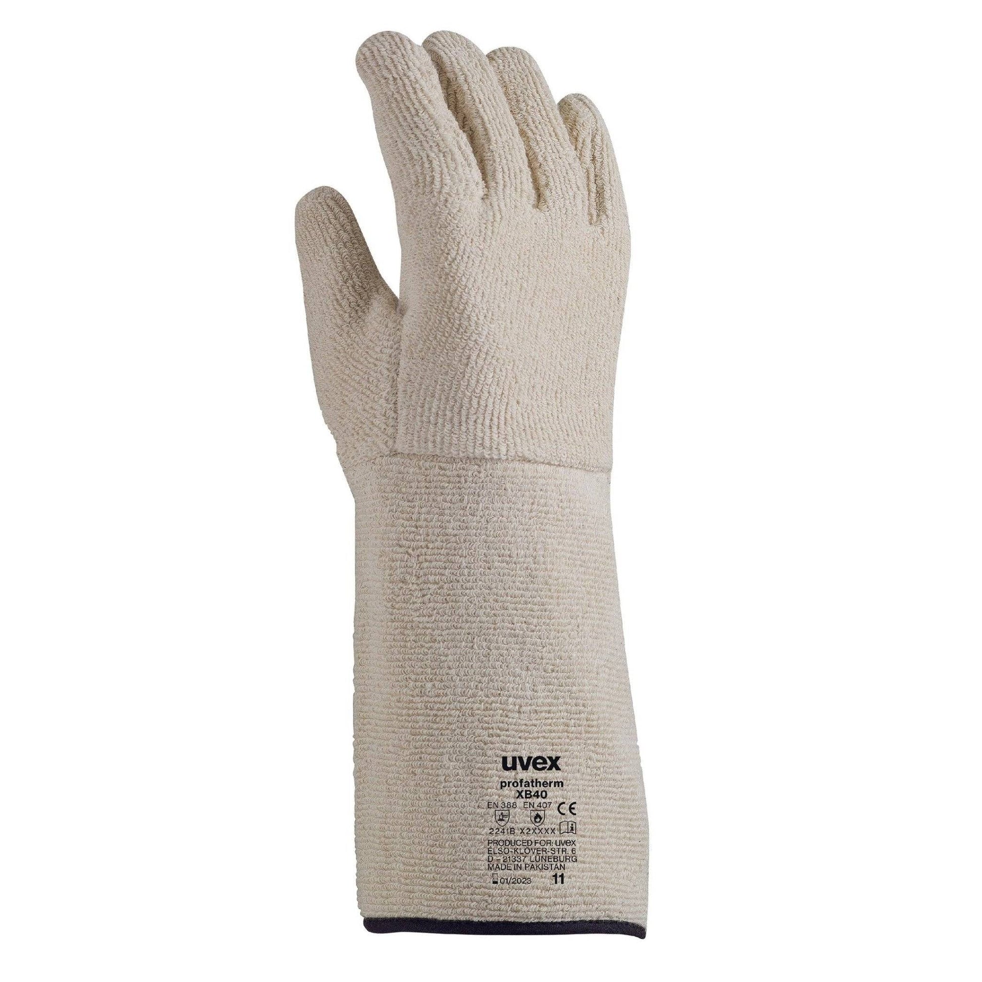 Hitzeschutzhandschuh uvex profatherm XB40 von Uvex by medasi.shop in beige mit langem Schaft zum Schutz vor Hitze bis 250 °C für Industrieeinsätze.