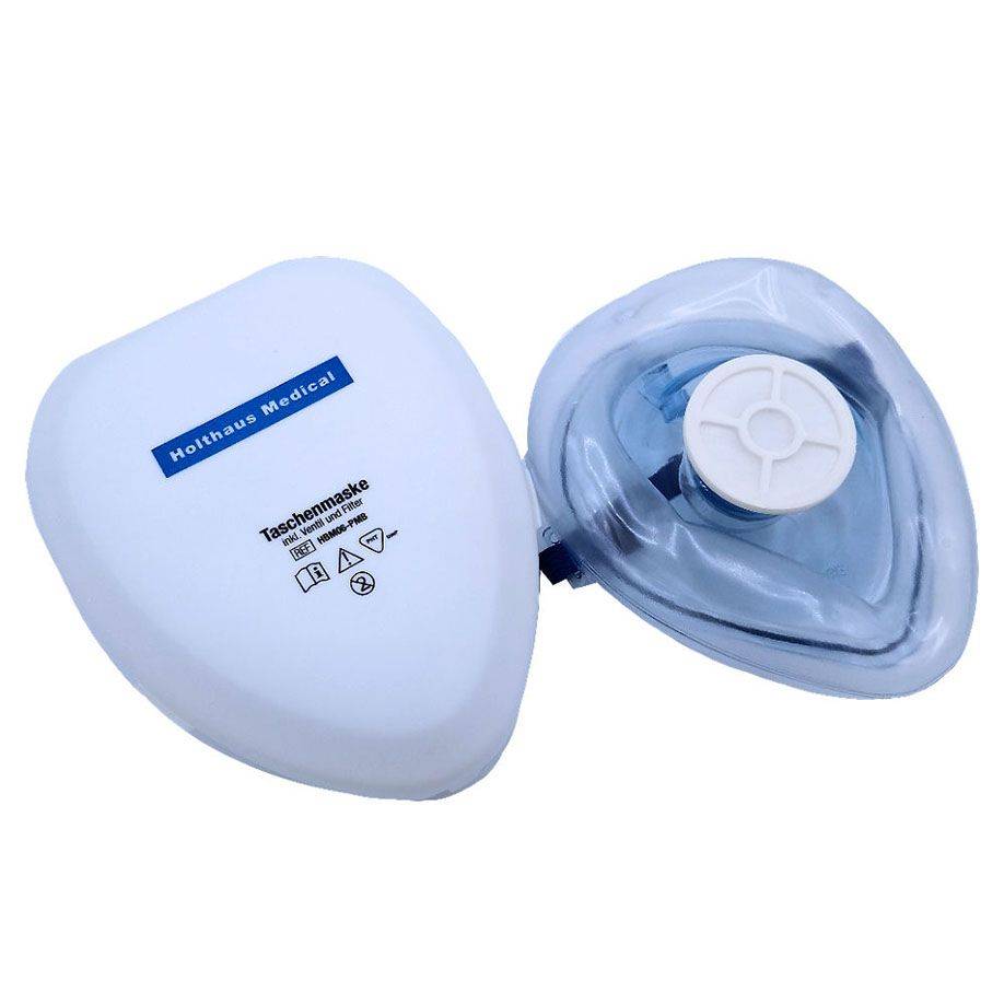 Taschenmaske mit Einweg-Ventil in Kunststoffdose für Beatmung, ideal für Notfall- und Erste-Hilfe-Sets im Bereich Atemwegspflege.