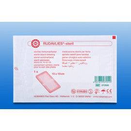 Verpackung des Inselpflasters RUDAVLIES-steril 15 x 10 cm mit Produktinformationen in mehreren Sprachen für medizinische Anwendung.