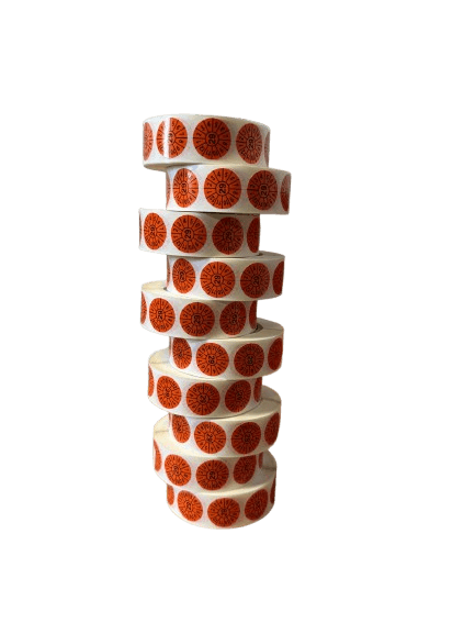 Rolle mit orangefarbenen Prüfplaketten Jahresmarke 2029, 1000 Stück. Ideal für Wartung und Prüfkennzeichnung im Bürobedarf.