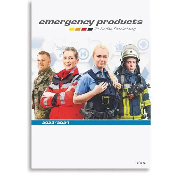 Emergency Products Katalog 2023/2024 mit Rettungskräften aus Polizei, Feuerwehr, Militär und Sanitätsdienst auf dem Cover. Fachkatalog für Notfallprodukte.