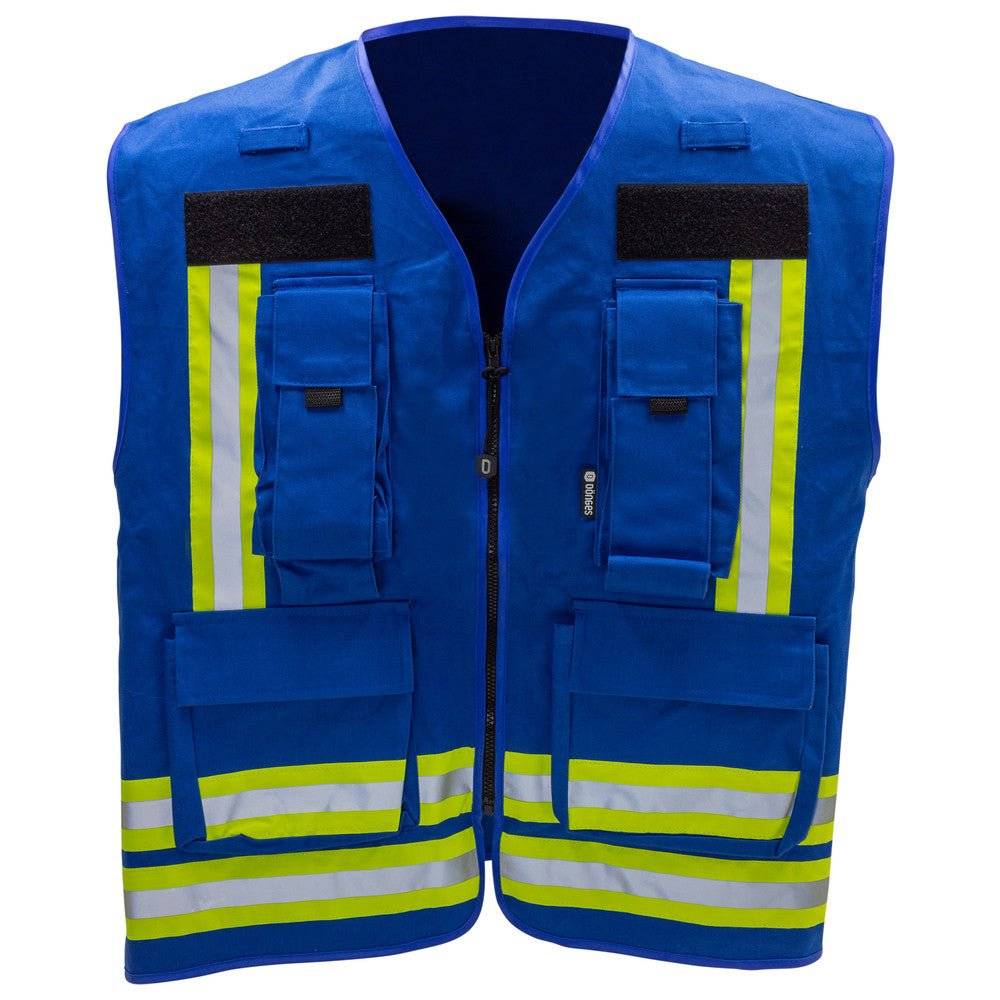 Blaue Kennzeichnungsweste Dönges mit fluoreszierenden Streifen und Stauraum. Funktionale Weste für Einsatzkräfte und Sicherheitsdienste.
