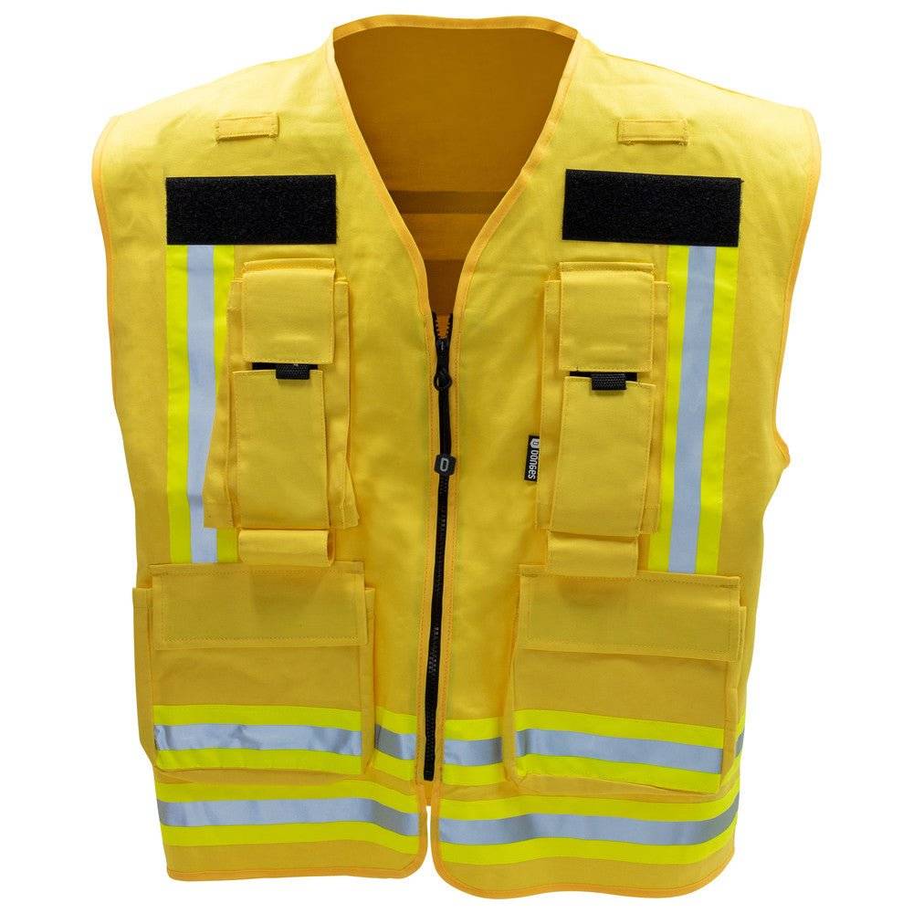 Gelbe Kennzeichnungsweste Dönges mit silbernen Reflektoren und praktischen Taschen. Hochsichtbare Einsatzbekleidung für Notfälle und Sicherheit.