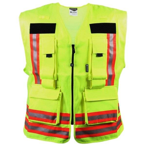 Neongelbe Kennzeichnungsweste Dönges mit roten Reflektorstreifen und Taschen. Perfekte Funktionsweste für hohe Sichtbarkeit im Einsatz.