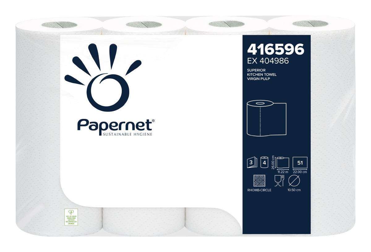 Papernet Superior Küchenrollen – 3-lagig, saugstark & weiß, 6 Rollen aus 100 % Zellstoff für hygienische Reinigung in Küche & Haushalt.