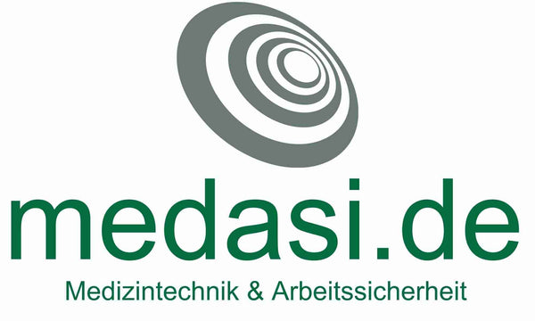 Logo von medasi.de mit grünem Schriftzug und stilisiertem Kreis-Symbol darüber; Slogan:Medizintechnik & Arbeitssicherheit" in grüner Schrift.
