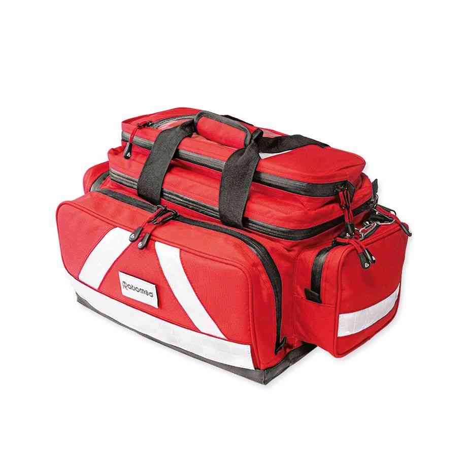 Robuste Notfalltasche ''WasserStopp'' ratiomed groß, rot, leer mit reflektierenden Streifen und mehreren Außentaschen für den Notfalleinsatz.