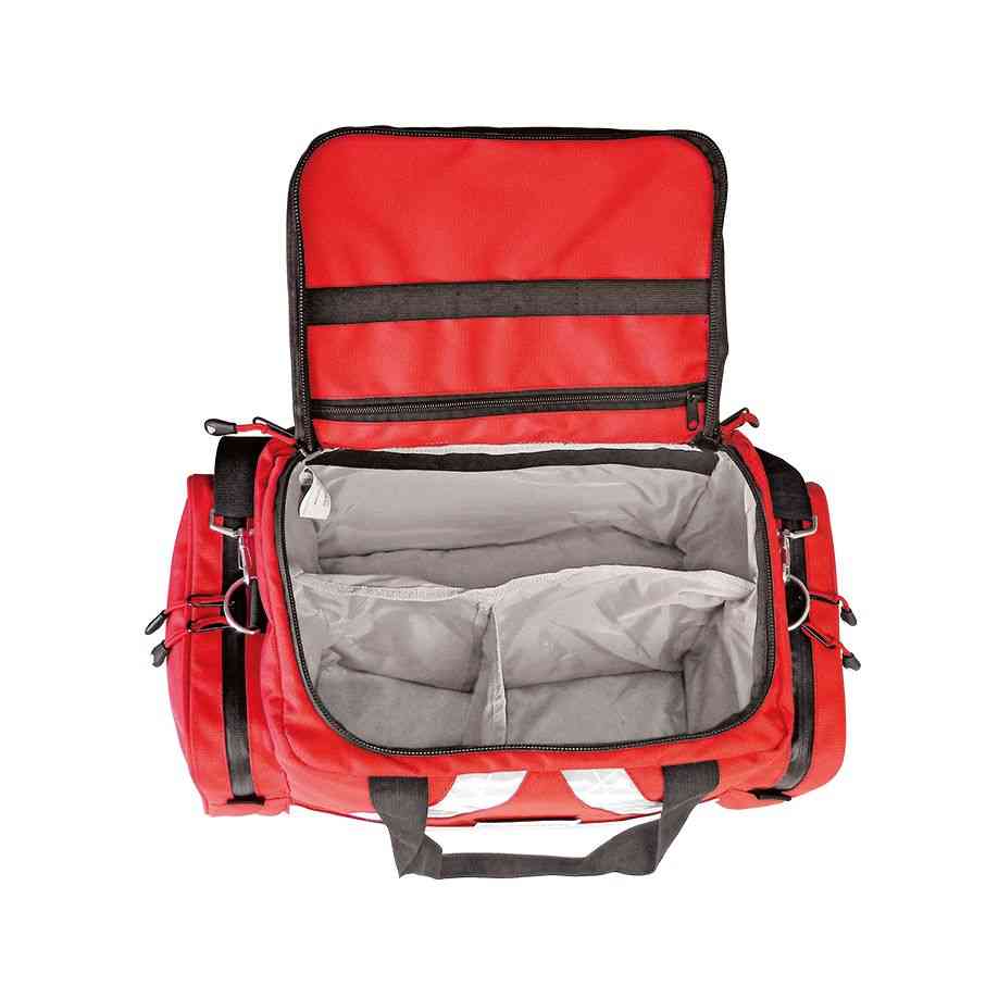 Innenansicht der Notfalltasche ''WasserStopp'' ratiomed mittel, rot leer mit variabler Fächeraufteilung und wasserabweisendem Innenmaterial.