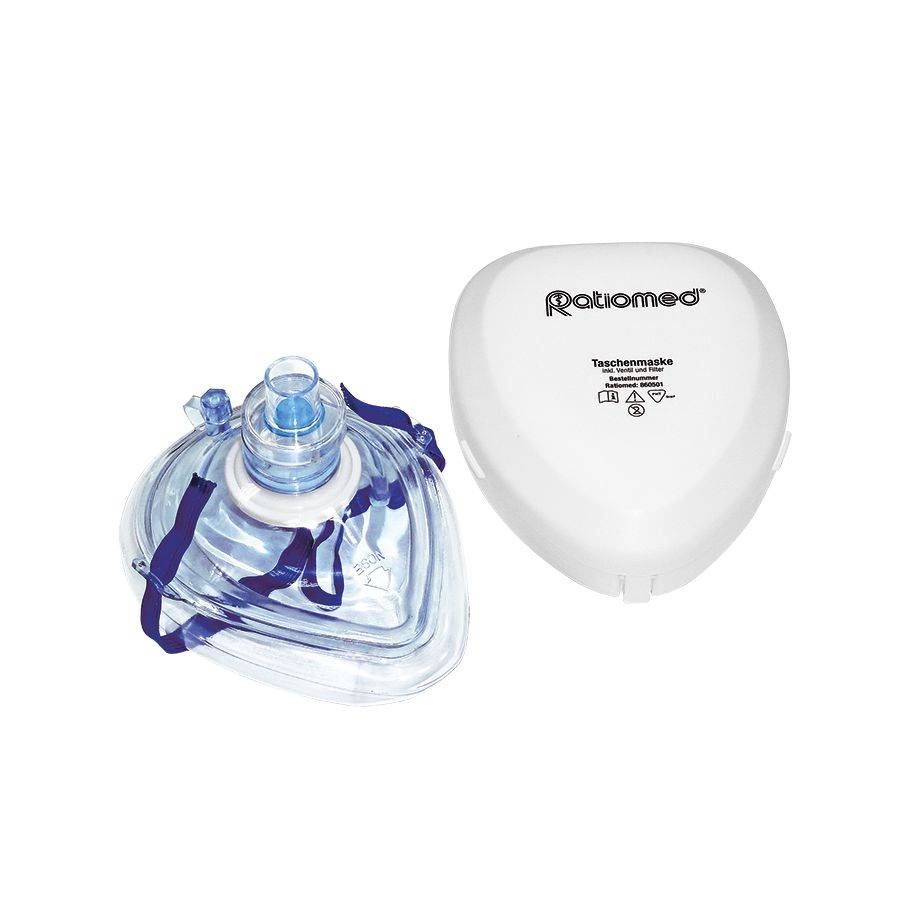 Taschenmaske Erste-Hilfe ratiomed mit transparenter PVC-Maske und weißem Etui, ideal für Atemspende im Notfall. Kompakt für jede Erste-Hilfe-Ausrüstung.