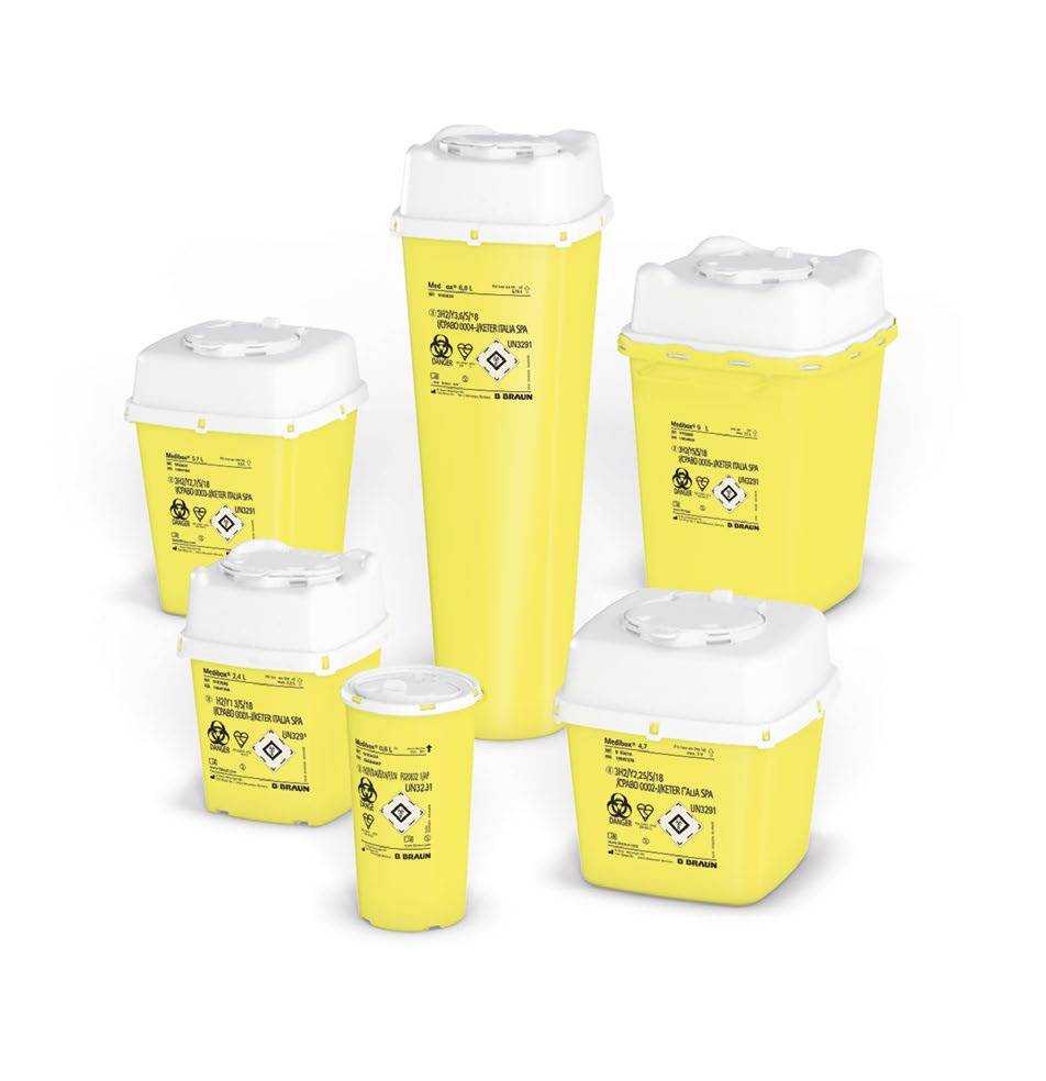 Medibox Container von B. Braun – durchstichsicher, autoklavierbar & TRBA 250-konform. Ideal zur sicheren Entsorgung scharfer medizinischer Instrumente.
