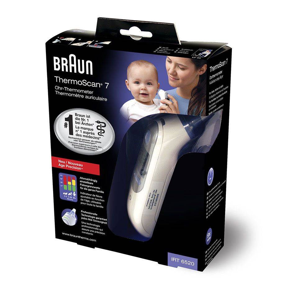 Fieberthermometer Braun ThermoScan® 7 in Originalverpackung mit Alterspräzision und ExacTemp-Technologie, ideal für Babys und Erwachsene.
