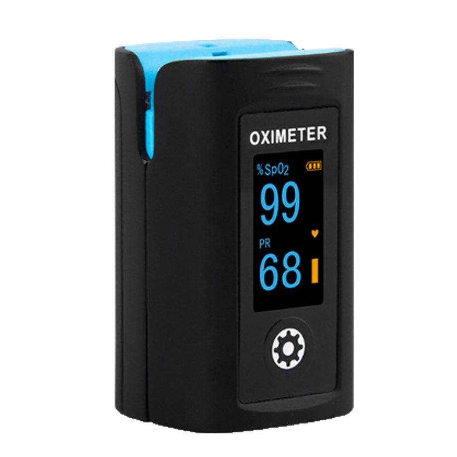 Pulsoximeter PC 60F mit WLAN-Funktion, zeigt SpO₂-Wert und Pulsfrequenz auf farbigem OLED-Bildschirm, robust und spritzwassergeschützt.