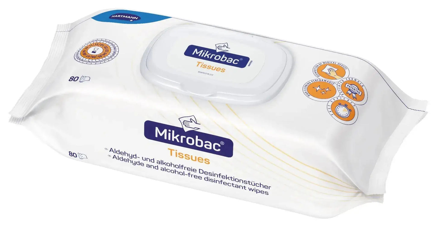 Mikrobac Tissues alkoholfreie Desinfektion für eine alkohol- und effektive Desinfektion empfindlicher Flächen und Materialien. Perfekt für Kliniken und Praxen.