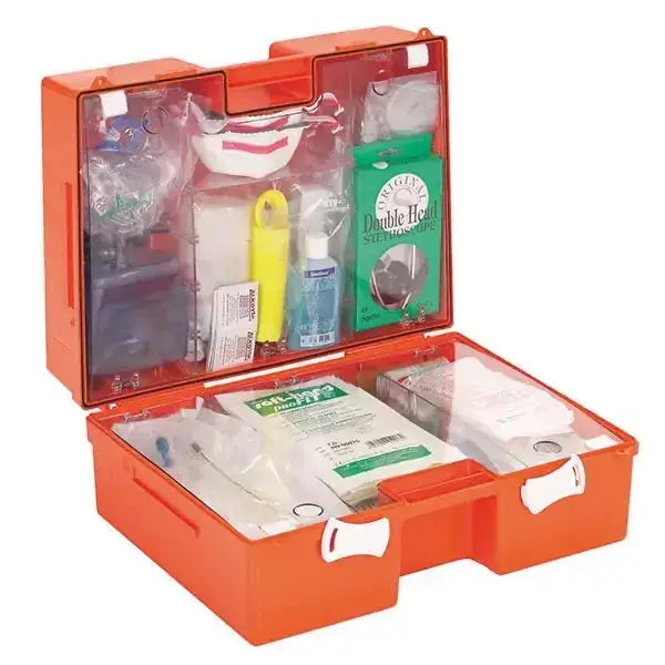 Notfallkoffer DIN 13232 gefüllt mit Modulen A & B für Erste-Hilfe in Praxis und Fahrzeug, orange EH Koffer mit Wandhalterung.