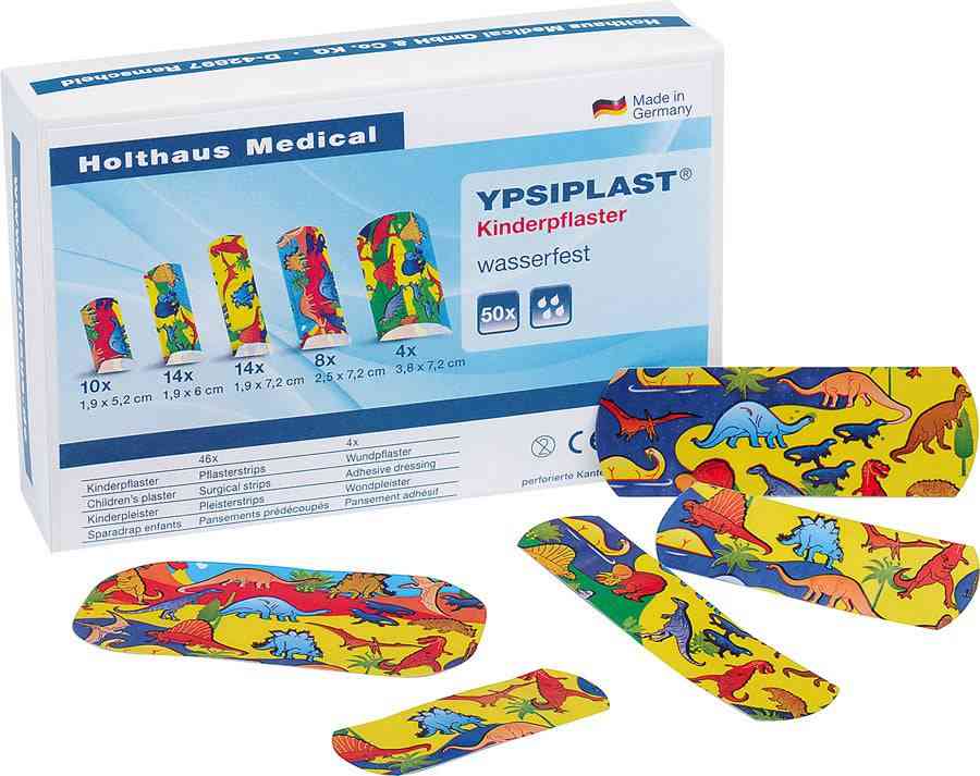 YPSIPLAST Dino Kinderpflaster Pflastersortiment mit 50 bunten, elastischen Pflastern in verschiedenen Größen für empfindliche Kinderhaut.