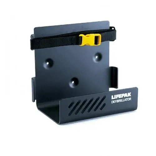 Physio-Control Lifepak 500/1000 Wandhalter aus Metall mit Sicherheitsgurt zur Wandmontage von AED-Geräten. Ideal für Notfallausrüstungslagerung.