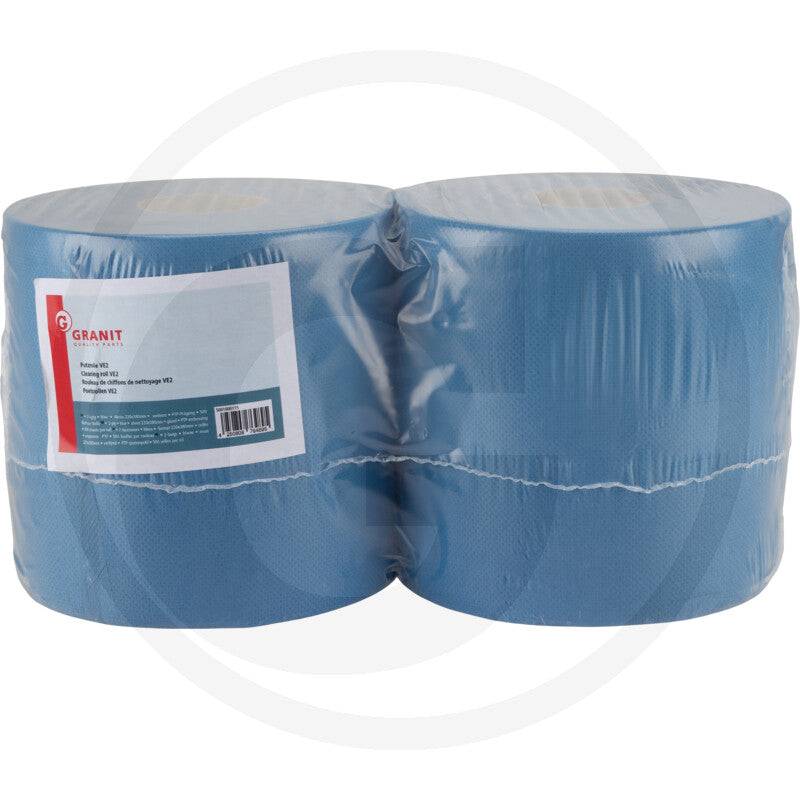 Putzrolle 2-lagig, blau, 500 Blatt von GRANIT im Doppelpack. Ideal für starke Saugkraft bei Öl, Fett und Flüssigkeiten in Werkstatt und Haushalt.