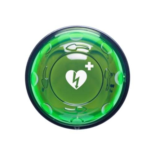 Rotaid 24/7 Außenwandschrank für AEDs mit grünem Runddesign und Herzsymbol, ideal für überwachten Außeneinsatz mit Online-Alarmfunktion.