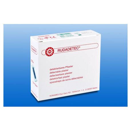 Verpackung der RUDADETEC® Pflasterstrips detektierbar für den Einsatz in der Lebensmittelindustrie. Erste Hilfe Verbandstoffe in hygienischer Box.