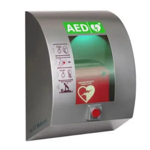 Robuster AED-Wandkasten für den Außenbereich mit Heizung & Kühlung. IP54-Schutz. Jetzt bei Medasi.shop – über 80.000 Produkte für Notfall & Sicherheit.