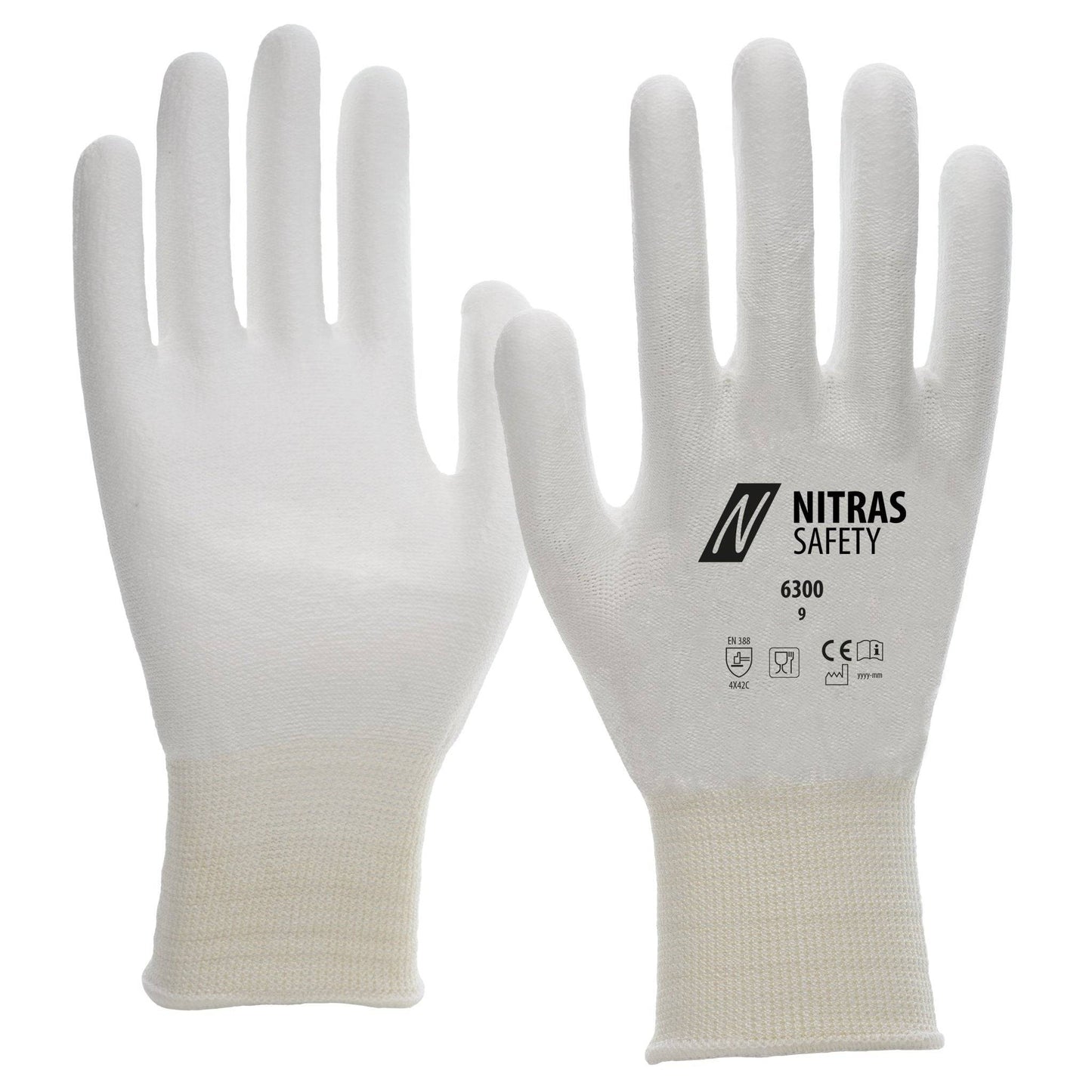 NITRAS 6300 Schnittschutzhandschuhe in Weiß mit PU-Beschichtung und EN 388 Zertifizierung. Ideal für präzise Arbeiten im Arbeitsschutzbereich.