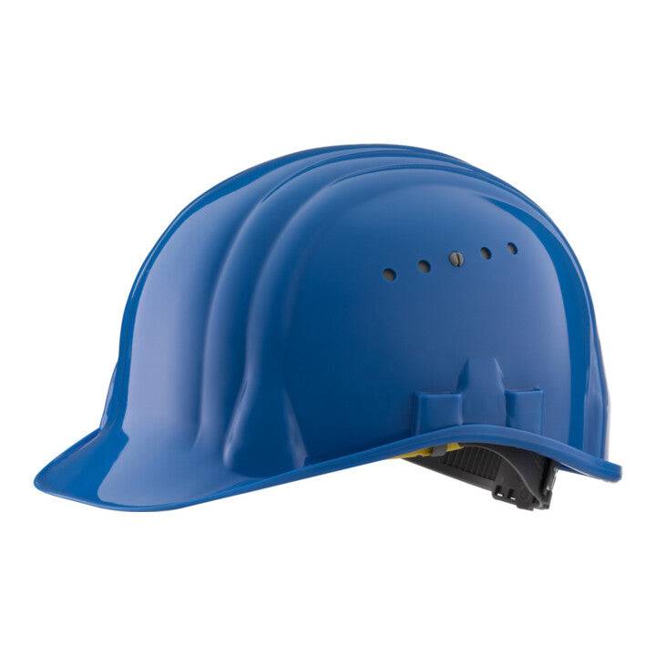 Blauer Schutzhelm Schuberth Baumeister 80 für sicheres Arbeiten im Bau- und Industriebereich. Komfortabler Helm mit verstellbarem Innenband.