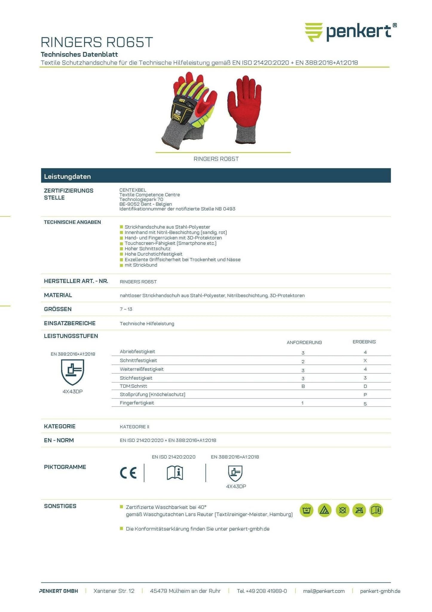 Technisches Datenblatt der RINGERS R065T Schutzhandschuhe – Penkert Ringers | Schnittschutz, mit EN-Zertifizierungen und Einsatzbereichen.