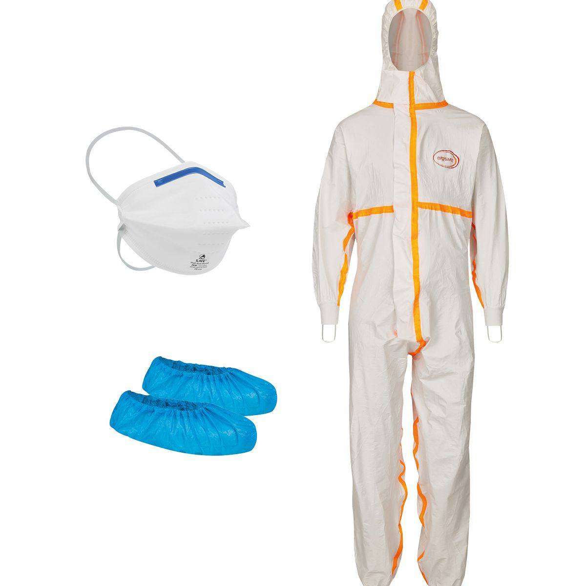 Schutzset Krankentransport+ mit Overall, FFP2-Maske und Überschuhen für den schnellen Notfalleinsatz im medizinischen Bereich. Ideal für Einweg-Bekleidung im Krankentransport.