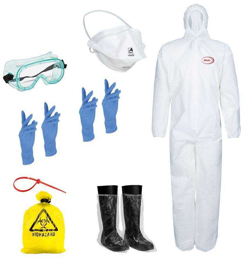 DACH Schutzset Pro+ mit Schutzanzug, FFP3-Maske, Schutzbrille, Handschuhen, Überschuhen & Biohazard-Beutel – Komplettschutz bei Gefahrstoffen.