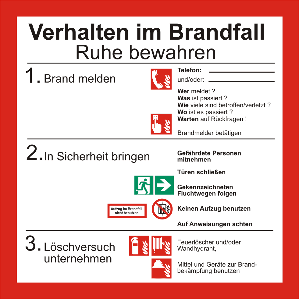 Verhalten Brandfall ISO 7010 Sicherheitsaushang mit klaren Anweisungen zur Brandmeldung, Evakuierung und Löschversuch. Brandschutzschild für Notfälle im Betrieb.