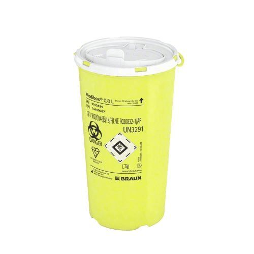 Medibox Container von B. Braun – durchstichsicher, autoklavierbar & TRBA 250-konform. Ideal zur sicheren Entsorgung scharfer medizinischer Instrumente.