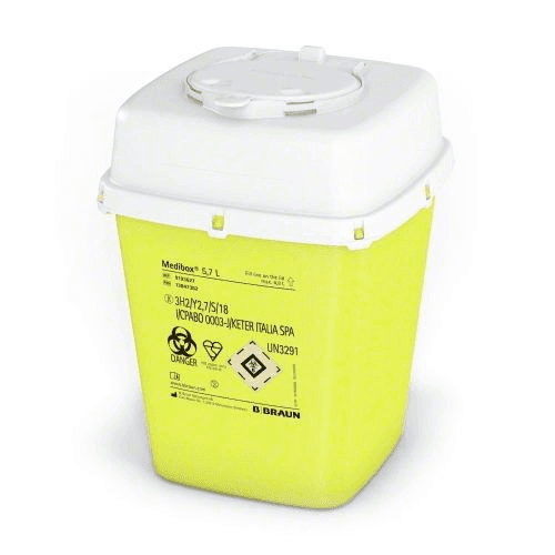 Medibox Container von B. Braun – durchstichsicher, autoklavierbar & TRBA 250-konform. Ideal zur sicheren Entsorgung scharfer medizinischer Instrumente.