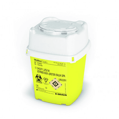 Medibox Container von B. Braun – durchstichsicher, autoklavierbar & TRBA 250-konform. Ideal zur sicheren Entsorgung scharfer medizinischer Instrumente.