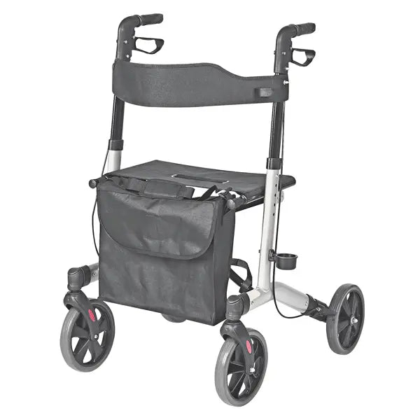 Alt-Text (Deutsch):  
Moderner Rollator mit Sitzfläche und Tasche für sichere Mobilität.