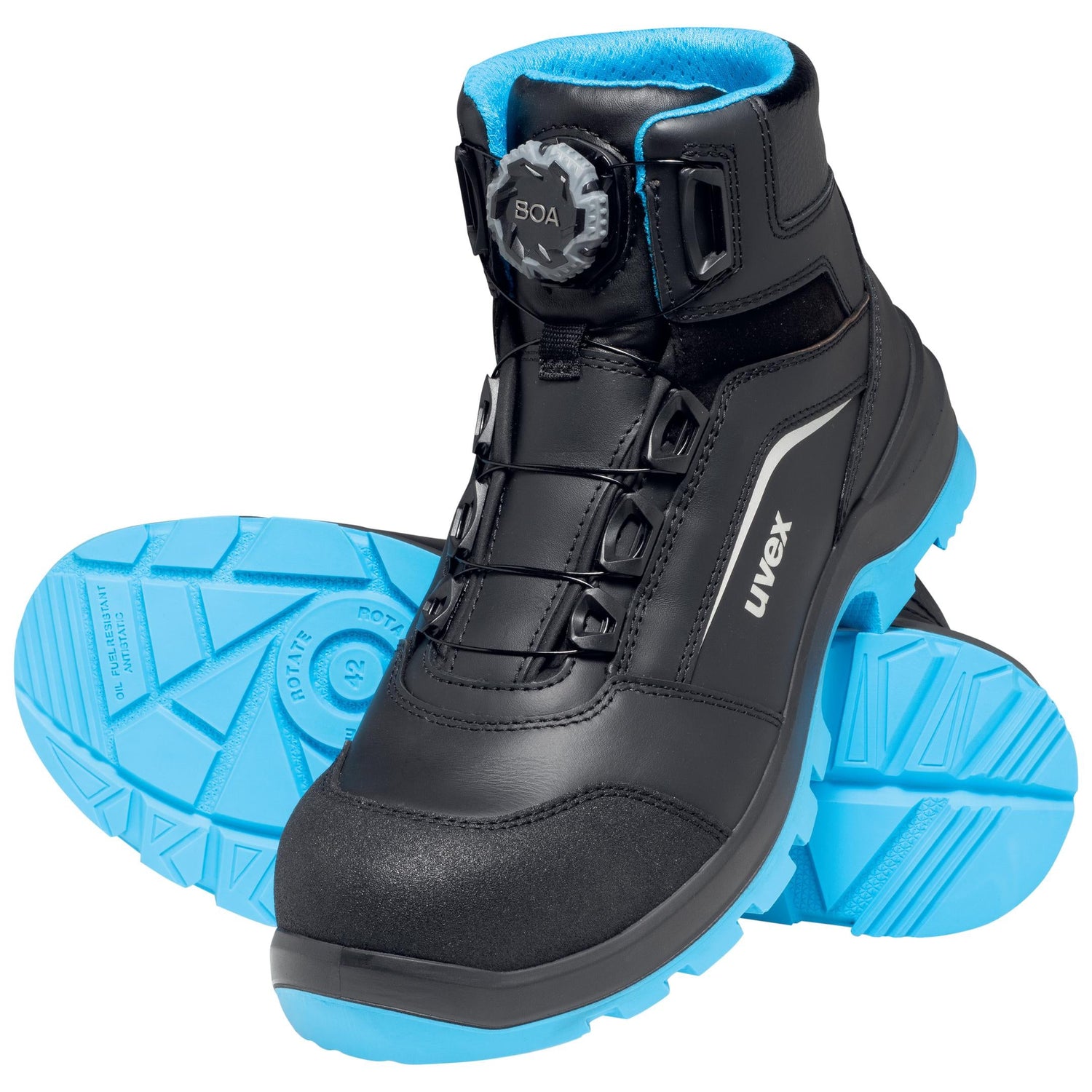 Alt-Text (Deutsch):  
Robuste Sicherheitsschuh Stiefel mit BOA-System und blauer Sohle
