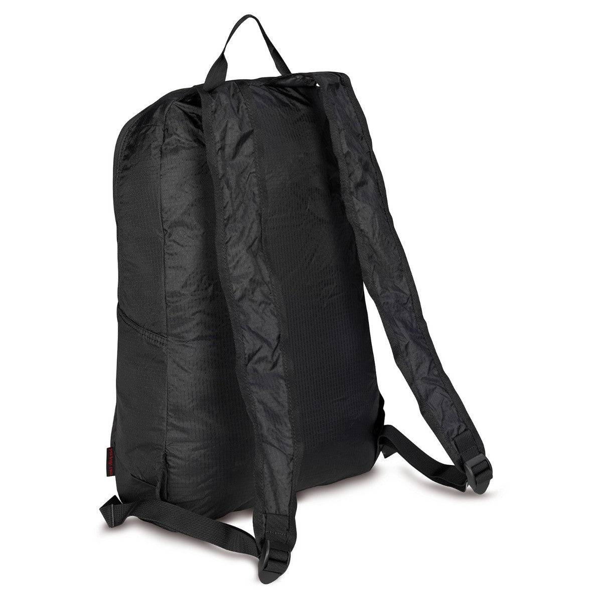 Alt-Text (Deutsch):  
Schlichter schwarzer persönlicher Rucksack mit verstellbaren Trägern.