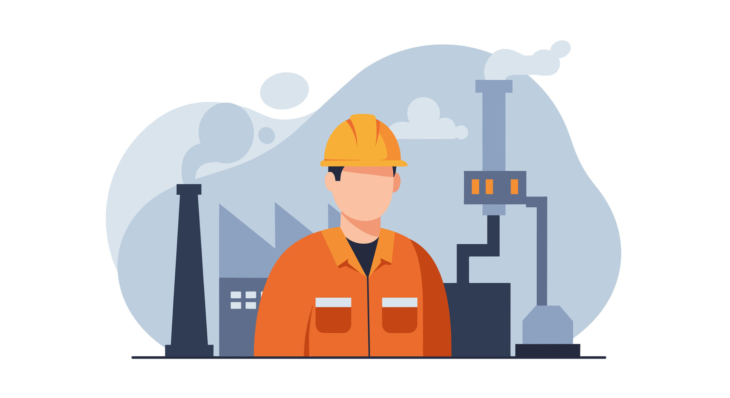 Alt-Text (Deutsch):  
Industriearbeiter mit Schutzhelm vor Fabrikgebäuden und Schornsteinen.