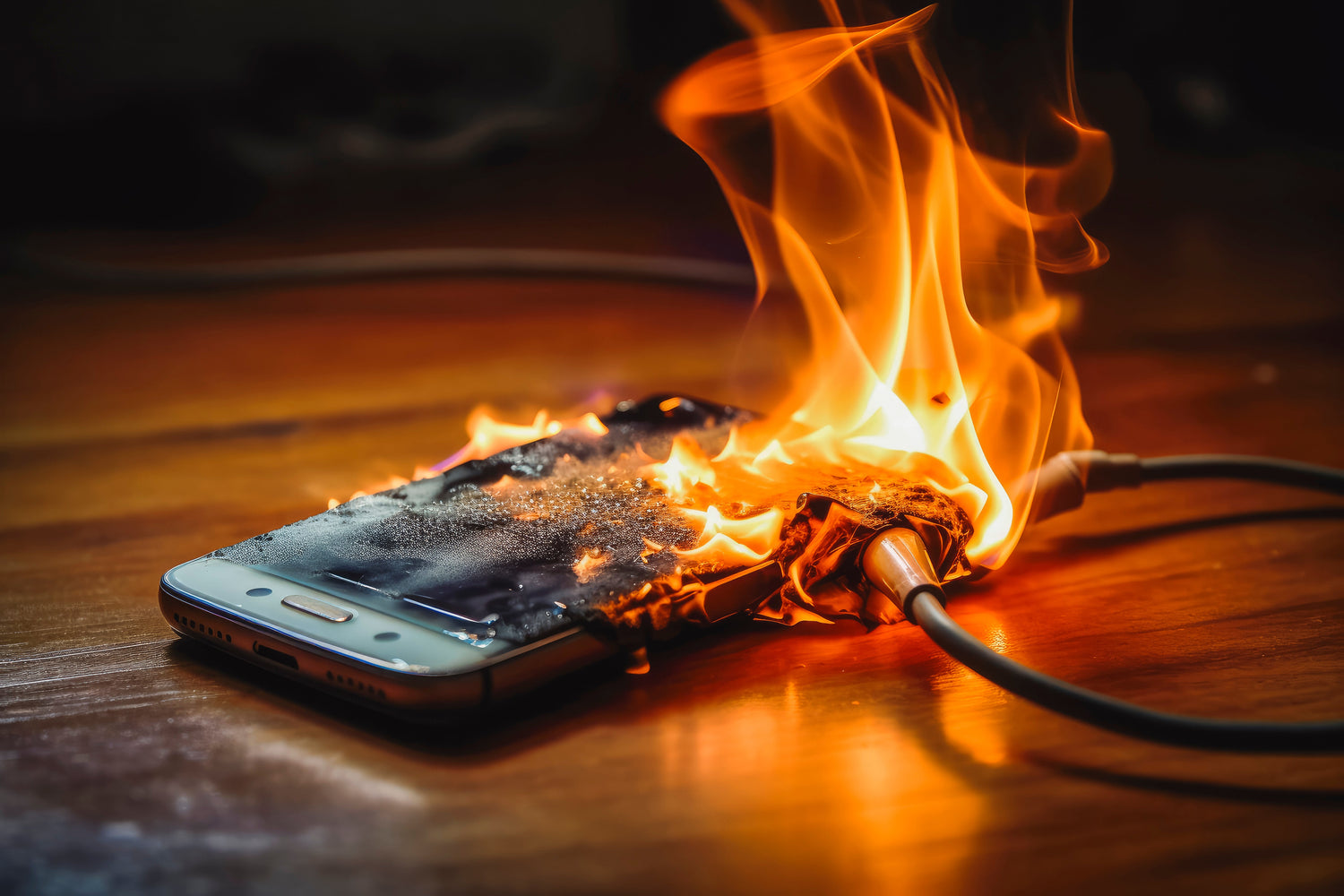 Alt-Text (Deutsch): Brennendes Smartphone durch Lithium-Akku, Feuer auf Holzoberfläche.