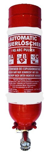 **Alt-Text (Deutsch):** Automatischer Feuerlöscher mit 1 kg ABC-Pulver für Brandklassen A, B, C.